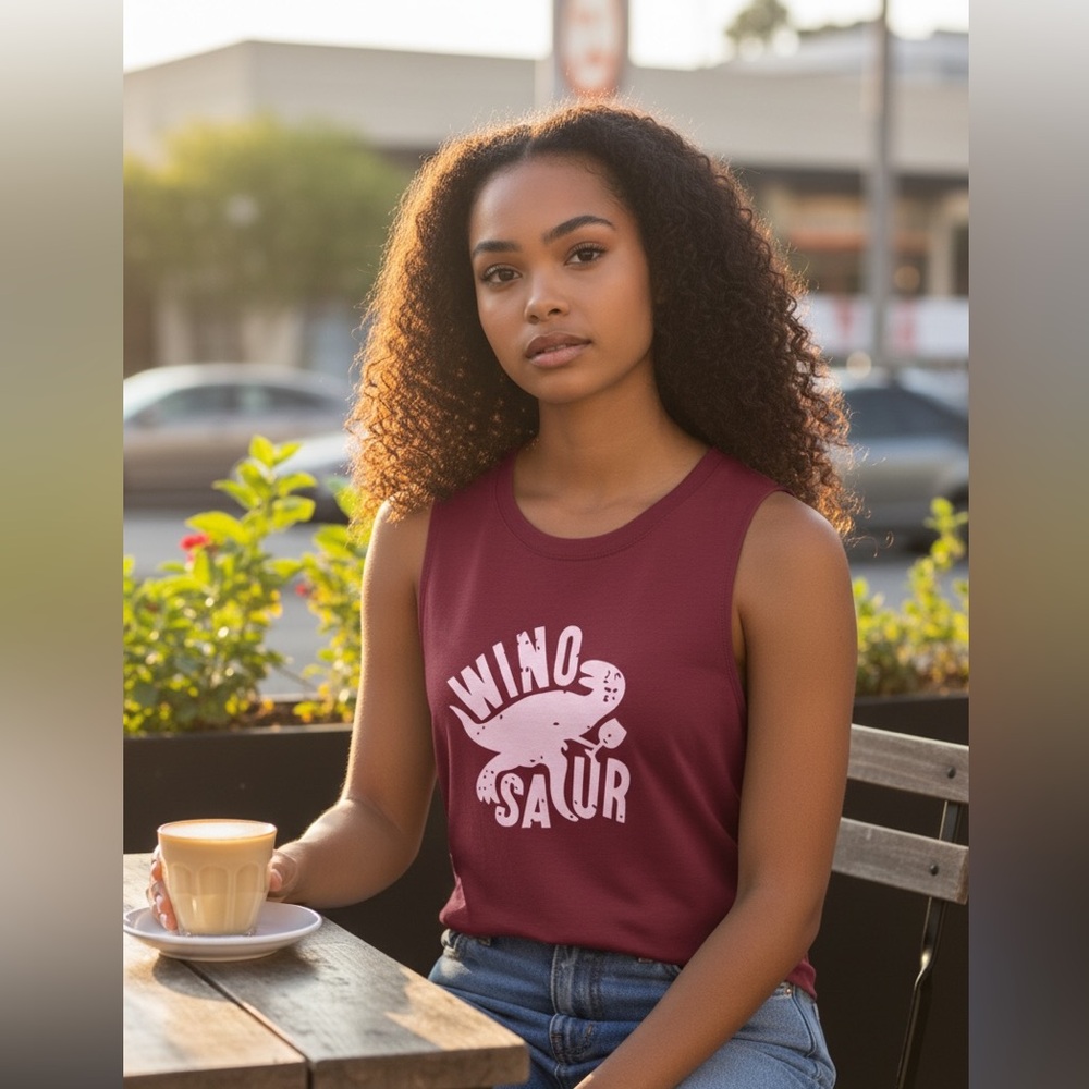 Wino-Saur Graphic Tank Top In Cabernet Color.